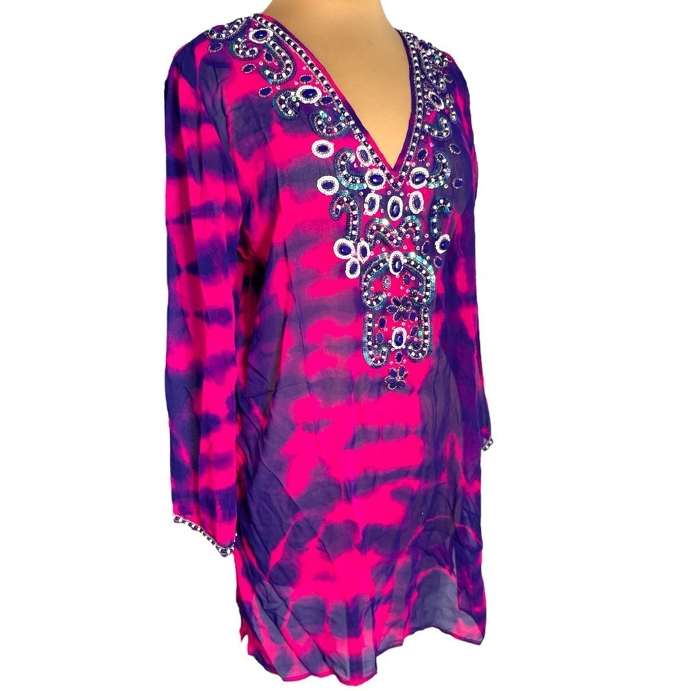 Blue Island pink and purple tie dye swim cover up bead and sequin embellishments